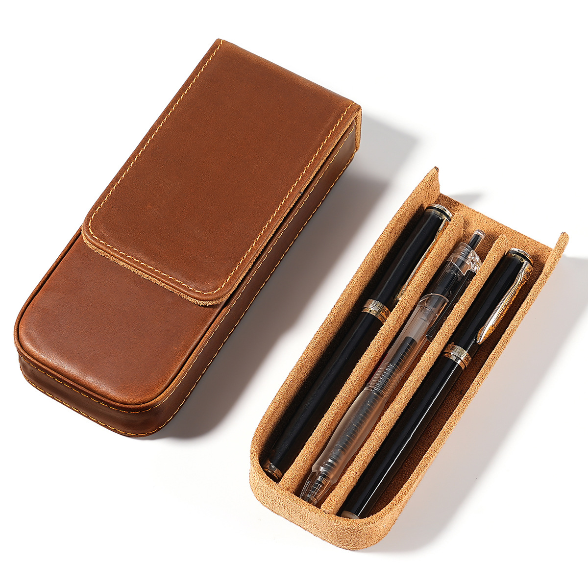 Men Accessories Drawer - 3-Fach Echtes Rindsleder Stift- und Bleistift-Aufbewahrungsbox