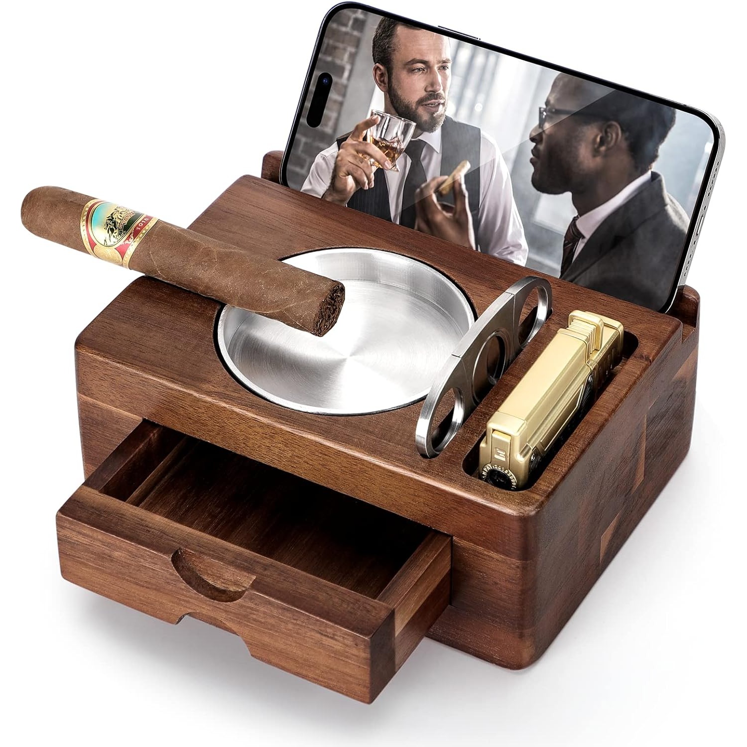 Men Accessories Drawer - Holz-Aschenbecher mit Handy- und Tablet-Halterung, Zubehör-Schublade,