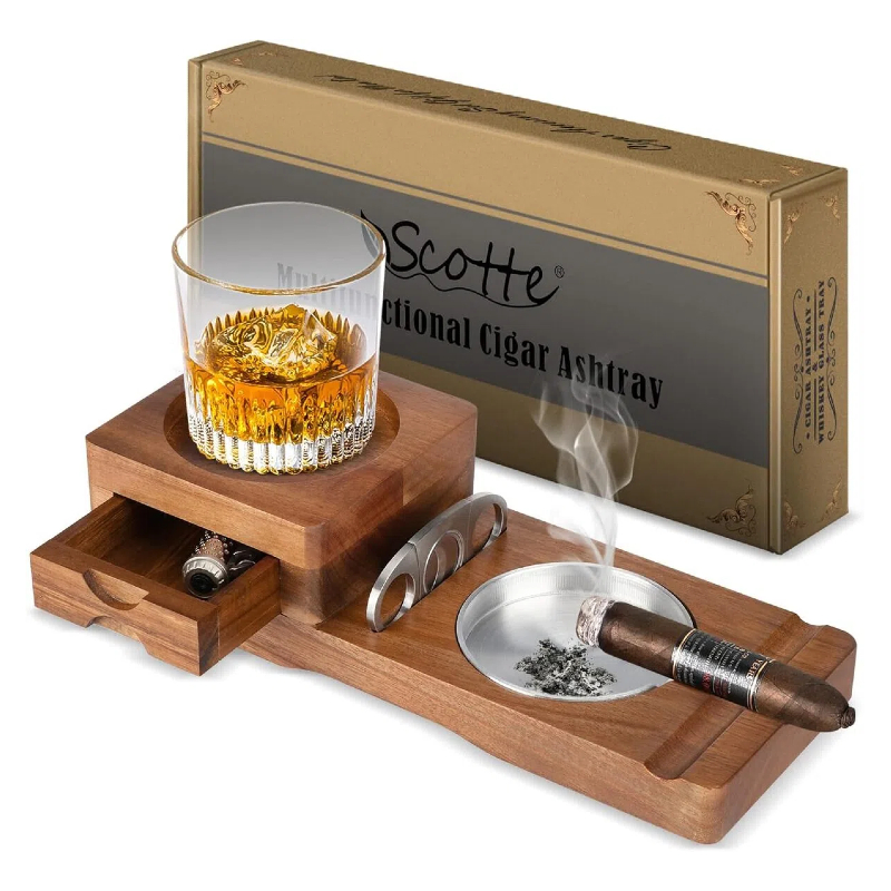 Men Accessories Drawer - Aschenbecher-Untersetzer, Whiskyglas-Tablett & Holz-Aschenbecher mit Zigarrenschneider,