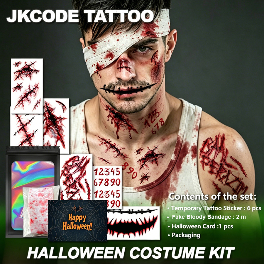 Men Accessories Combo Gift - Halloween-Horrorkostüme, Halloween-Tattoo-Geschenkbox | Horror-Tattoo-Set, 6 temporäre